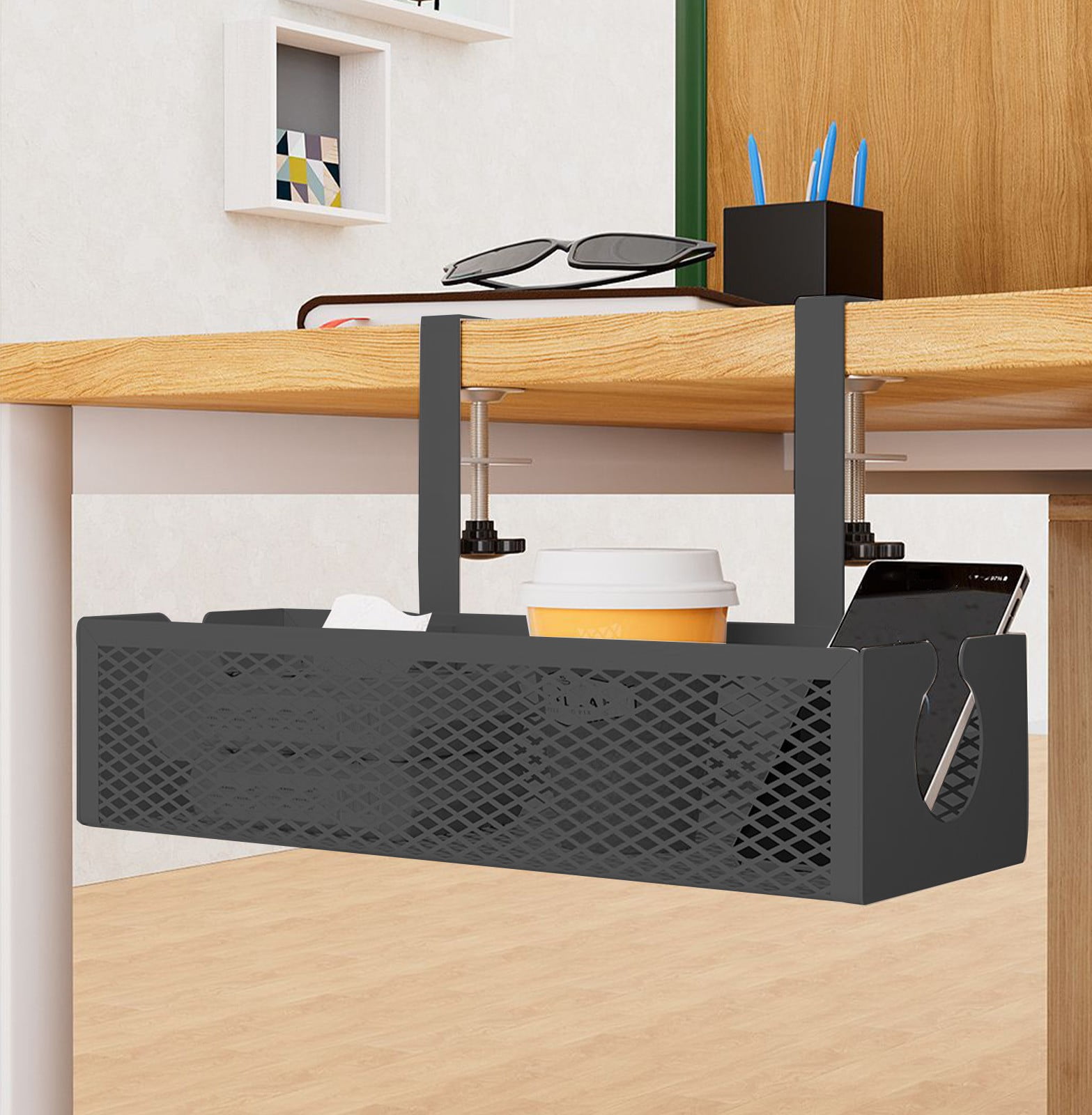 Under Desk Storage Basket, Cable Management Organizer, No Drill Adhesive Mount, Stainless Steel Office Shelf, Large Capacity Desktop Organizer