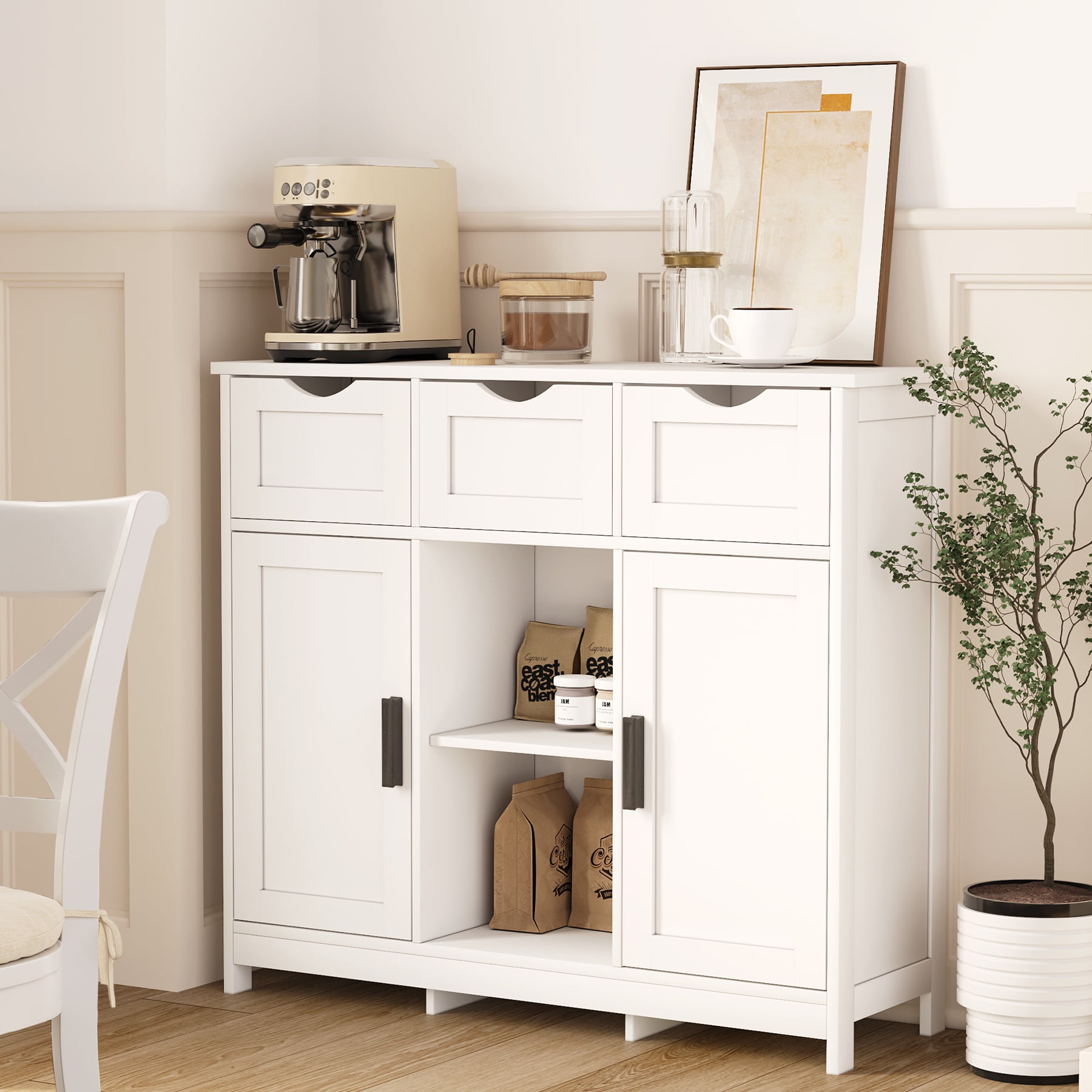 PORKISS White Floor Storage Cabinet, Wood Accent Cabinet with Drawers and Adjustable Shelves Storage, Modern Pantry Cabinet for Kitchen, Bathroom, Living Room