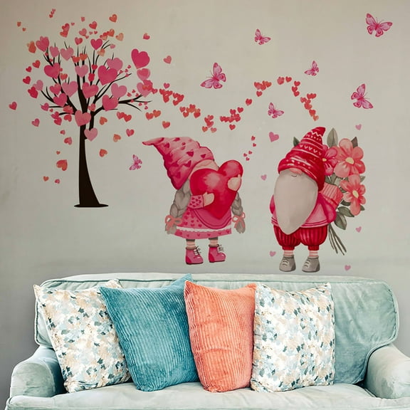 Valentine‘s Day Wall Decals Valentines Gnome Wall Stickers Love Heart Valentines Day Decoration for Living Room Anniversary Party Home Decor DIY Wall Art for Bedroom Sofa Backdrop & TV Wall Decor
