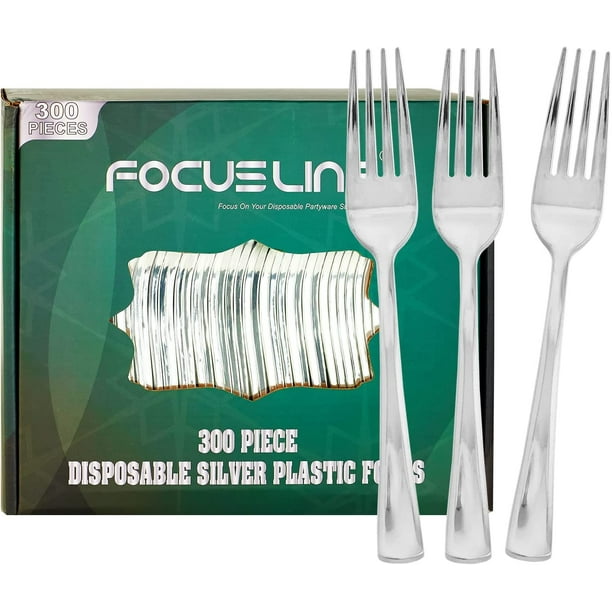 FOCUSLINE 300 Pack Disposable Silver Plastic Cutlery Forks