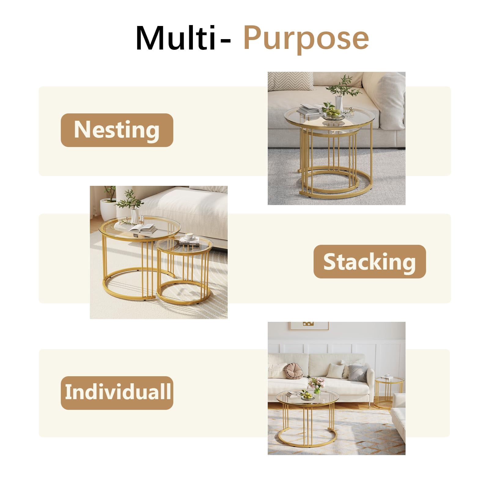 Nesting Coffee Table, 23.6" Round Coffee Table Set of 2, Glass Nesting Table with Metal Frame, Ceter Tables for Living Room Bedroom Balcony, Gold