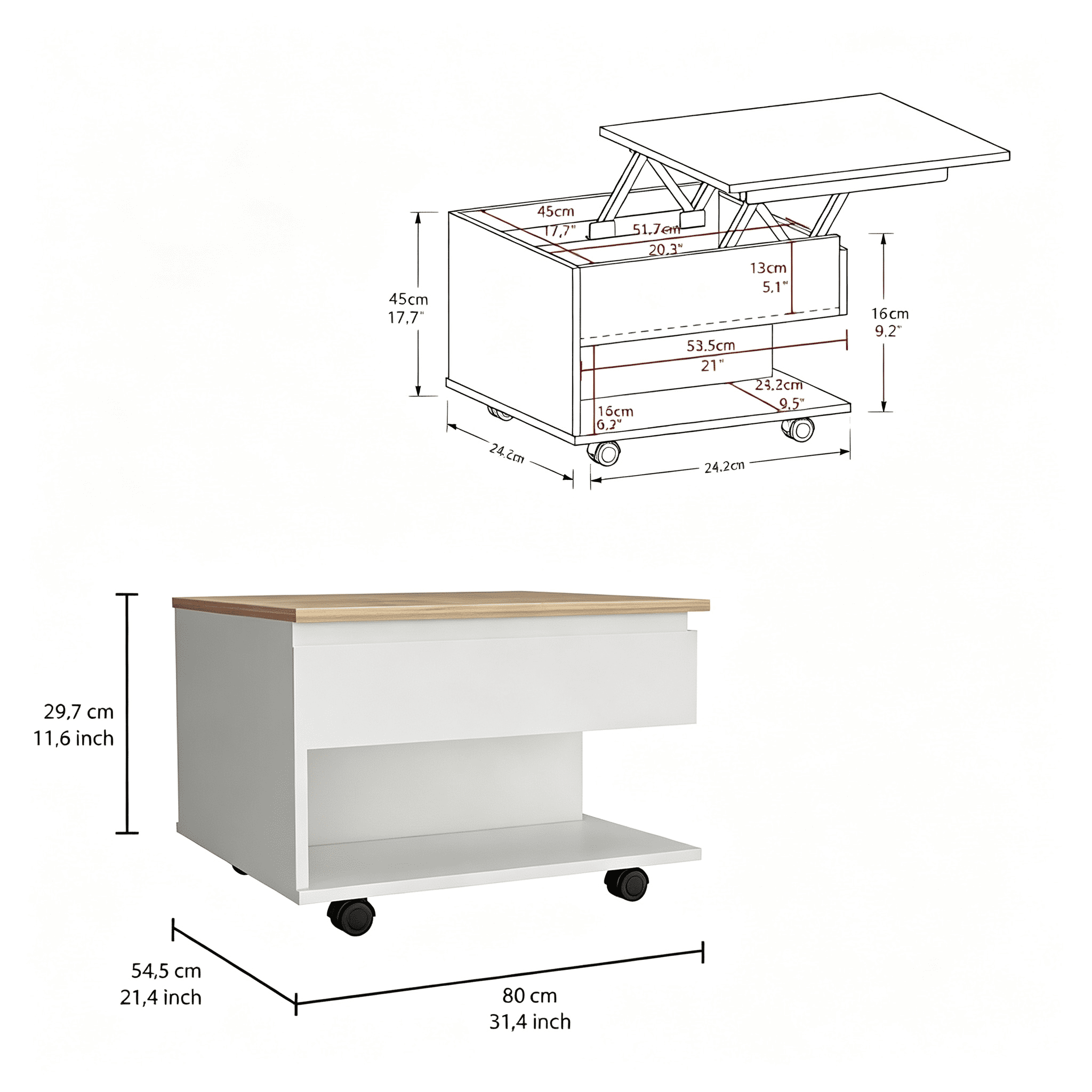 Asteroutdoor Luanda Lift Top Coffee Table with Casters and Shelf, 21.6 in W