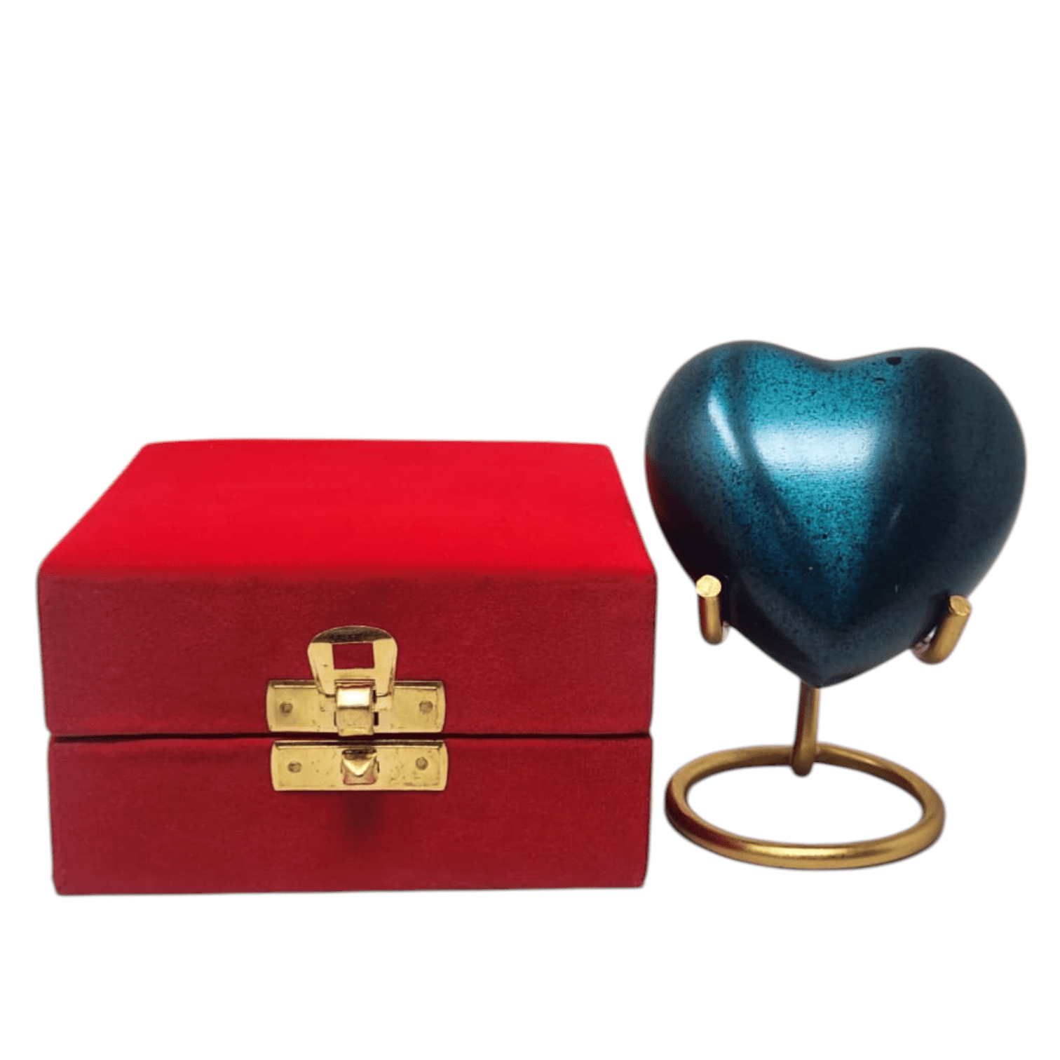 SMIURNS Heart-Shaped Keepsake Cremation Urn for Ashes - Custom Engraved Teal Blue Speckled Memorial Urn - Includes Gold Display Stand and Red Velvet Gift Box - Small Decorative Urn for Human or Pet