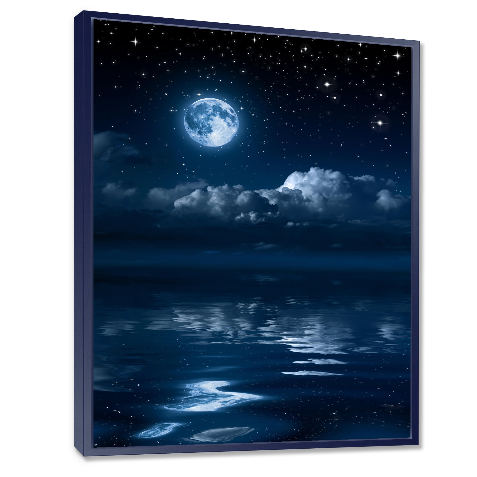 Designart 'Full Moon Night in Cloudy Sky I' Nautical & Coastal Framed Canvas Wall Art Print