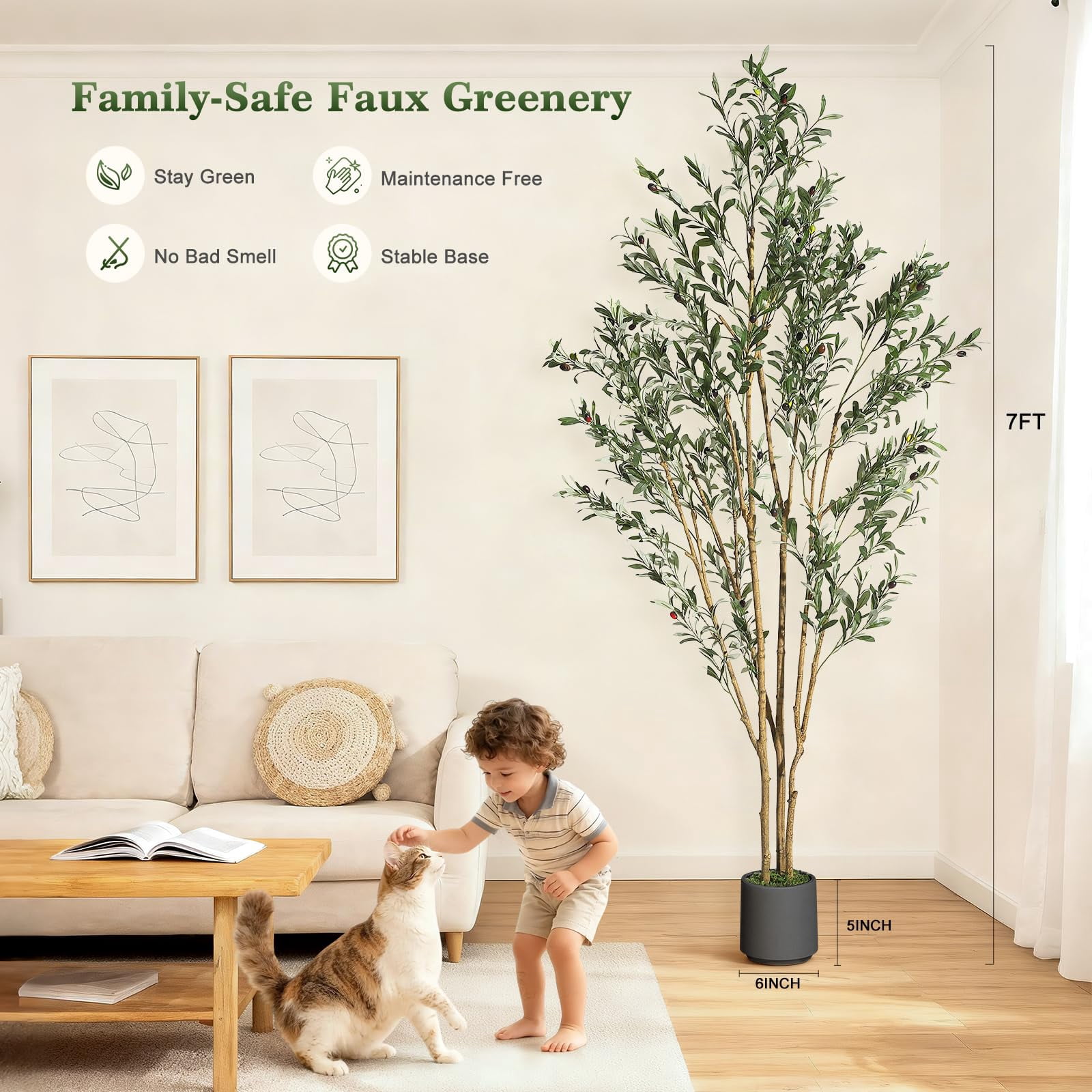 7FT Olive Trees Artificial Indoor, Faux Silk Plant with Natural Wood Trunk and Lifelike Fruits, Black Imitation Ceramic Planter with Green Fake Moss for Modern Home Office Living Room Decor