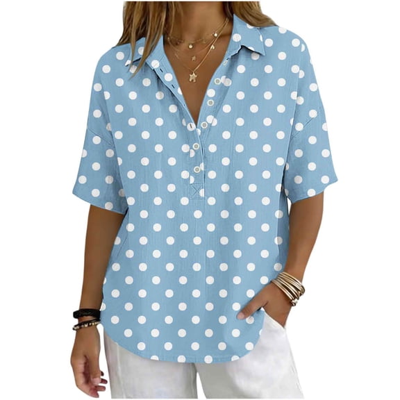 IUYRTFE Women's Polka Dot Short Sleeve Collared Blouse – Casual V-Neck Button-Front Shirt for Summer Beach Vacation and Daily Wear