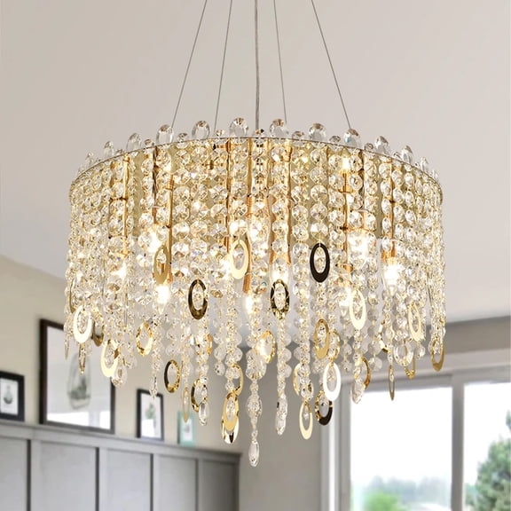 Modern 10-Light Crystal Chandelier, Polished Gold Pendant Light with E12 Sockets, Adjustable Height for Dining Room Living Room