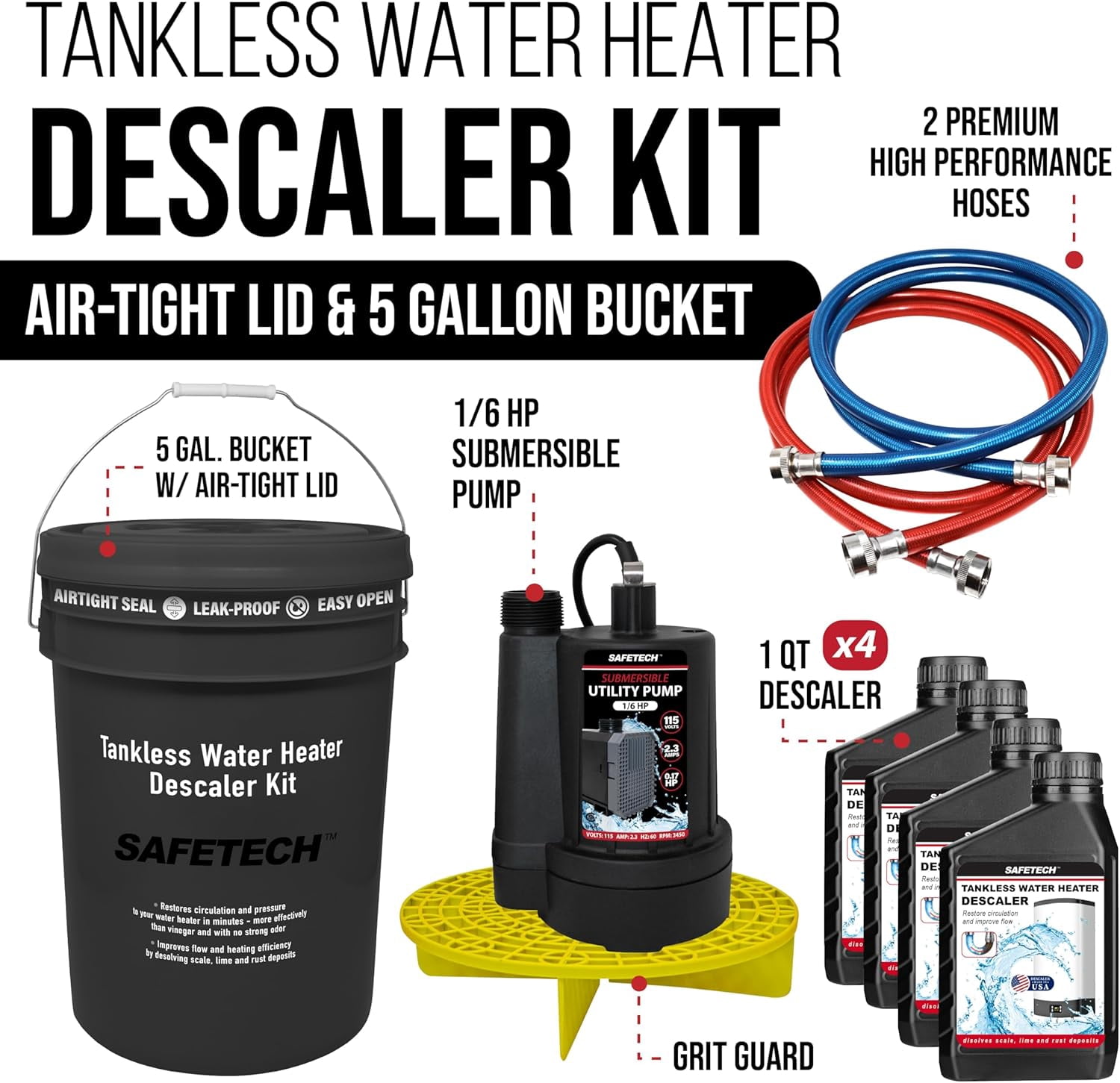Safetech Tankless Water Heater Flushing Kit with 5-Gallon Screw-Top Lid, Premium Braided Hoses, 1/6 HP Utility Pump, 4 Quarts Descaler