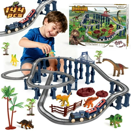 Hot Bee Dinosaur Train Track Playset, 144PCS Railway Set with 6 Dinosaur Figures, Various DIY Track, Educational Dino Christmas Toy Gift for Boys and Girls Ages 3+