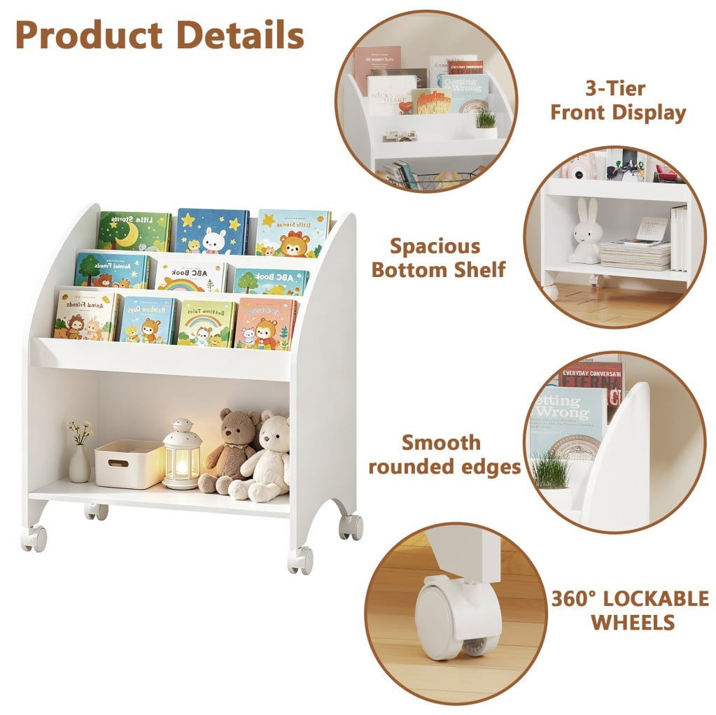 Kids Bookshelf with Wheels, 3-Tier Front-Facing Bookcase, Rolling Book Organizer with 360° Lockable Casters, MDF Storage Shelf for Nursery, Bedroom & Playroom