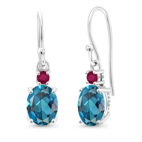 Gem Stone King 10K White Gold London Blue Topaz and Red Ruby Dangle Earrings for Women (2.84 Cttw, Gemstone Birthstone, Oval 8x6mm)