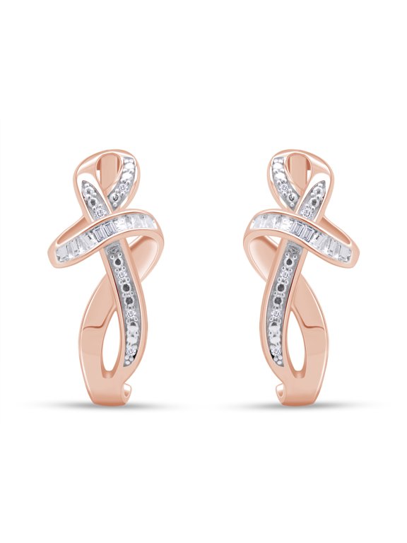 Baguette And Round Cut White Natural Diamond Knot Design Half Hoop Earrings In 14K Rose Gold Plated 925 Sterling Silver (Clarity : I2-I3, Color : I-J, 0.06 Cttw)