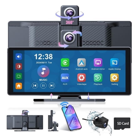 SUGUANGHUI 10.26'' Apple CarPlay Screen for Car Tablet Pro Max 2025 Wireless Car Play Android Auto Screen 4K Dash Cam with 350° Rotatable Lens Bluetooth/GPS Navigation/Voice Control