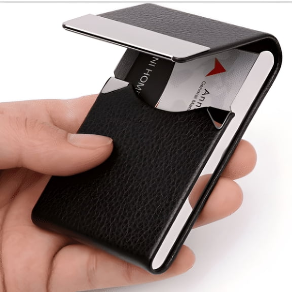 GASTROPOD 2026 New Business Card Holder, Pu Leather & Metal Pocket Slim Name Card Organizer Wallet Case with Magnetic Closure for Men and Women - Black/Black Thread