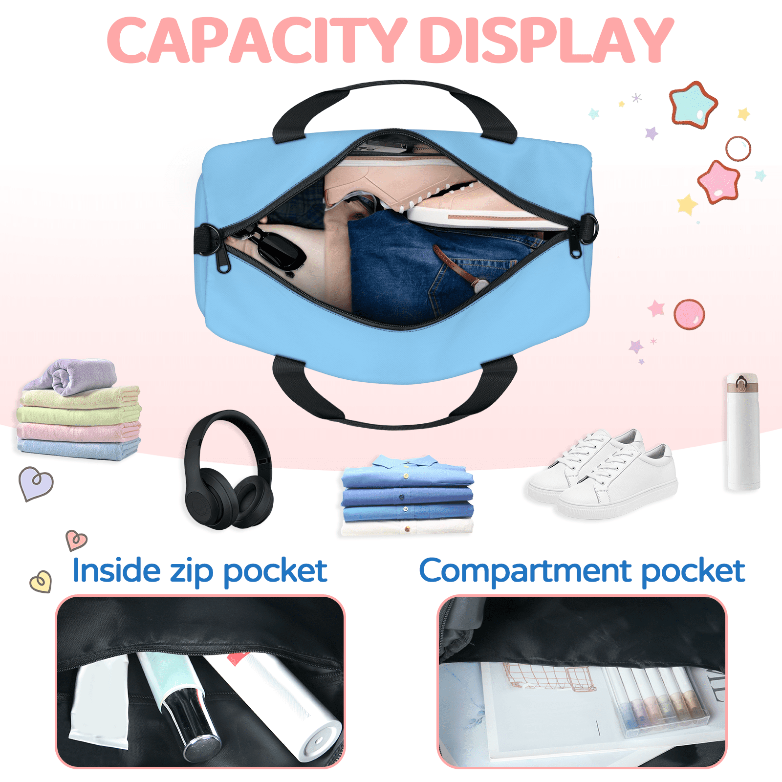 Herdesigns Lightskyblue Travel Duffle Bag Sports Yoga Weekender Overnight Carry on Workout Bags Lightweight Waterproof Gym Tote Bag for Women