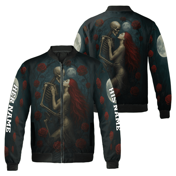 Personalized Gothic Halloween Bomber Jacket - Skeleton Couple Rose Moon Print - Custom His & Her Name Romantic Dark Love Gift