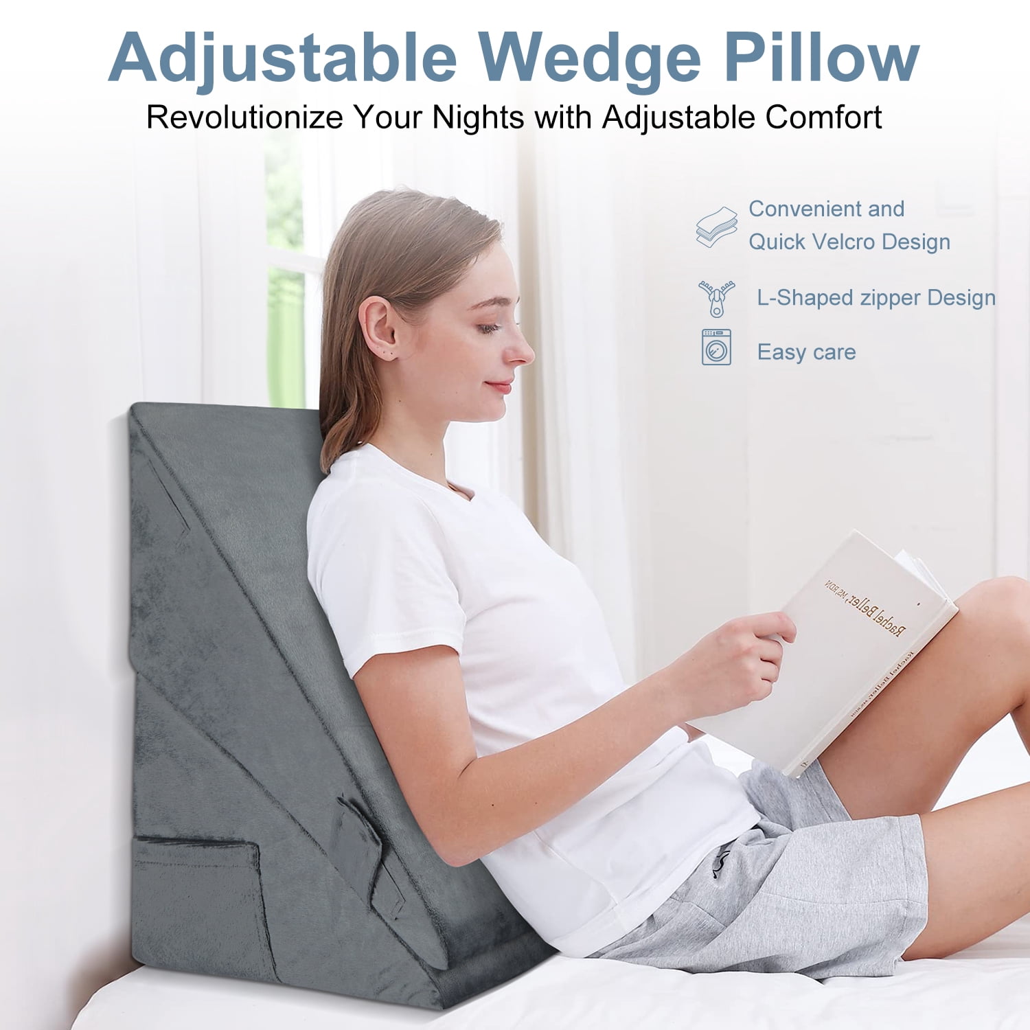 MOONORAH Wedge Pillow for Sleep Apnea, Adjustable Wedge Pillow Headboard, Bed Wedge Pillow for Acid Reflux and Back Pain Relief, Pillow Wedge for Sleeping with Neck Support Pillow, Flannel, Grey