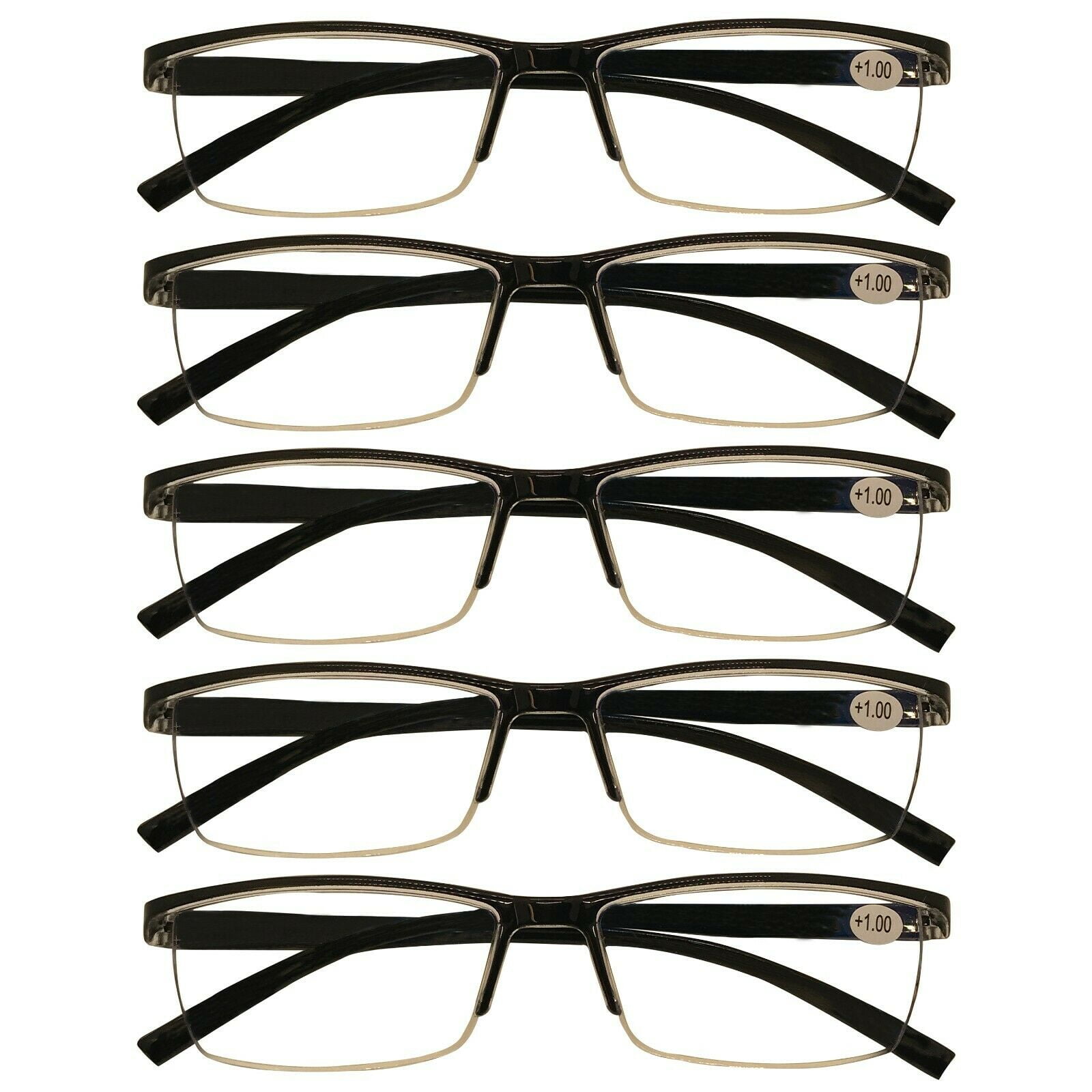 5 Packs Mens Rectangle Half Frame Reading Glasses Blue Light Blocking Black Spring Hinge Readers +2.00