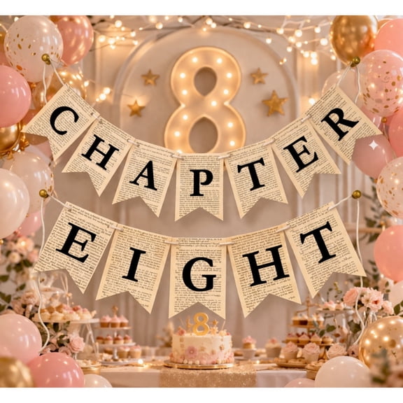 Chapter Seven 7th Birthday Banner Book-Themed Party Decoration, Vintage Paper Pennant Garland for Kids Birthday Celebration