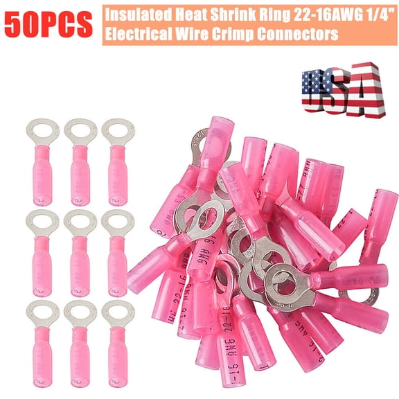 50Pcs M6 Heat Shrink Ring Terminals AWG 22-16 Wire Crimp Connectors Waterproof