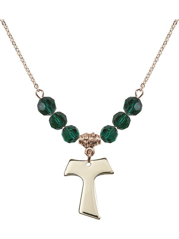 18-Inch Hamilton Gold Plated Necklace with 6mm Emerald Birthstone Beads and Tau Cross Charm Green Emerald May Birthstone