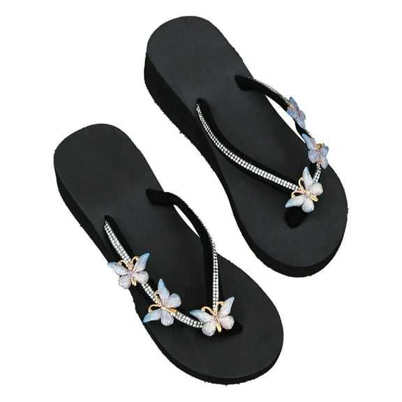 Women Rhinestone Slope Heel Open Toe Bow-Knot Slippers Clip-Toe Shoes Comfy Sandals Casual Comfortable Beach Sandals Flip Flop Shoes