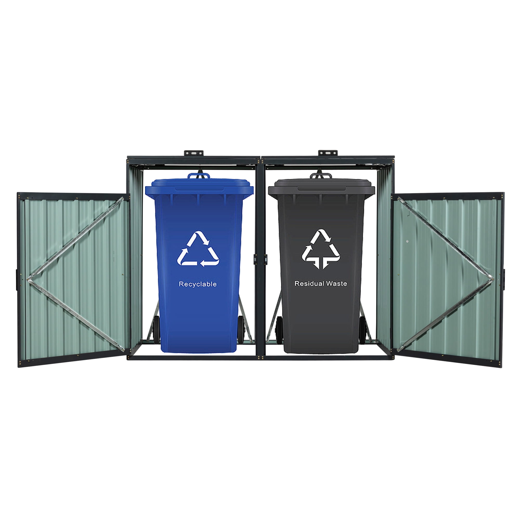 All-Weather Resin Outdoor Storage Metal Shed for 2 Trash Cans and Yard Tools Black All-Weather Resin Outdoor Storage Metal Shed for 2 Trash Cans and Yard Tools Black