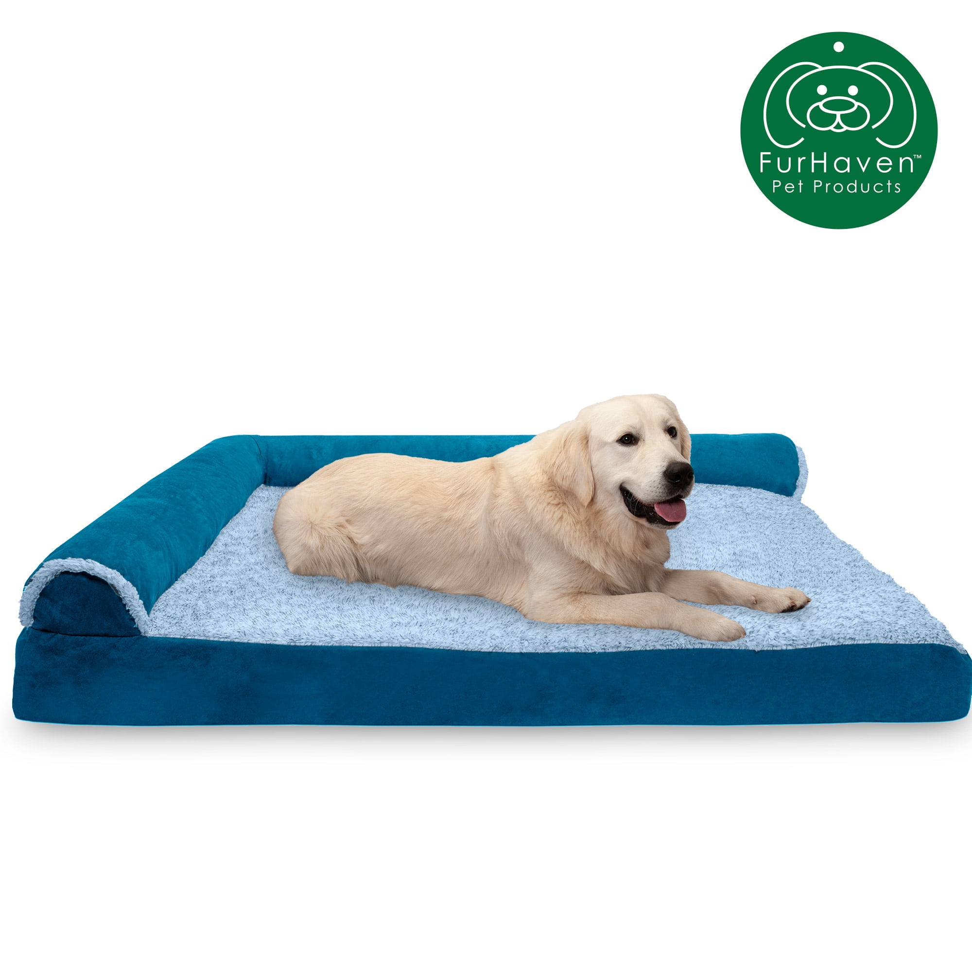 FurHaven Pet Products Two-Tone Faux Fur & Suede Memory Top Deluxe Chaise Lounge Pet Bed for Dogs & Cats - Marine Blue, Jumbo Plus