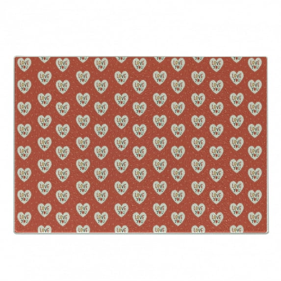 Love Cutting Board, Hipster Hearts Pattern with Love You Texts Heart Shapes Valentines Day Theme, Decorative Tempered Glass Cutting and Serving Board, Small Size, Vermilion Multicolor, by Ambesonne