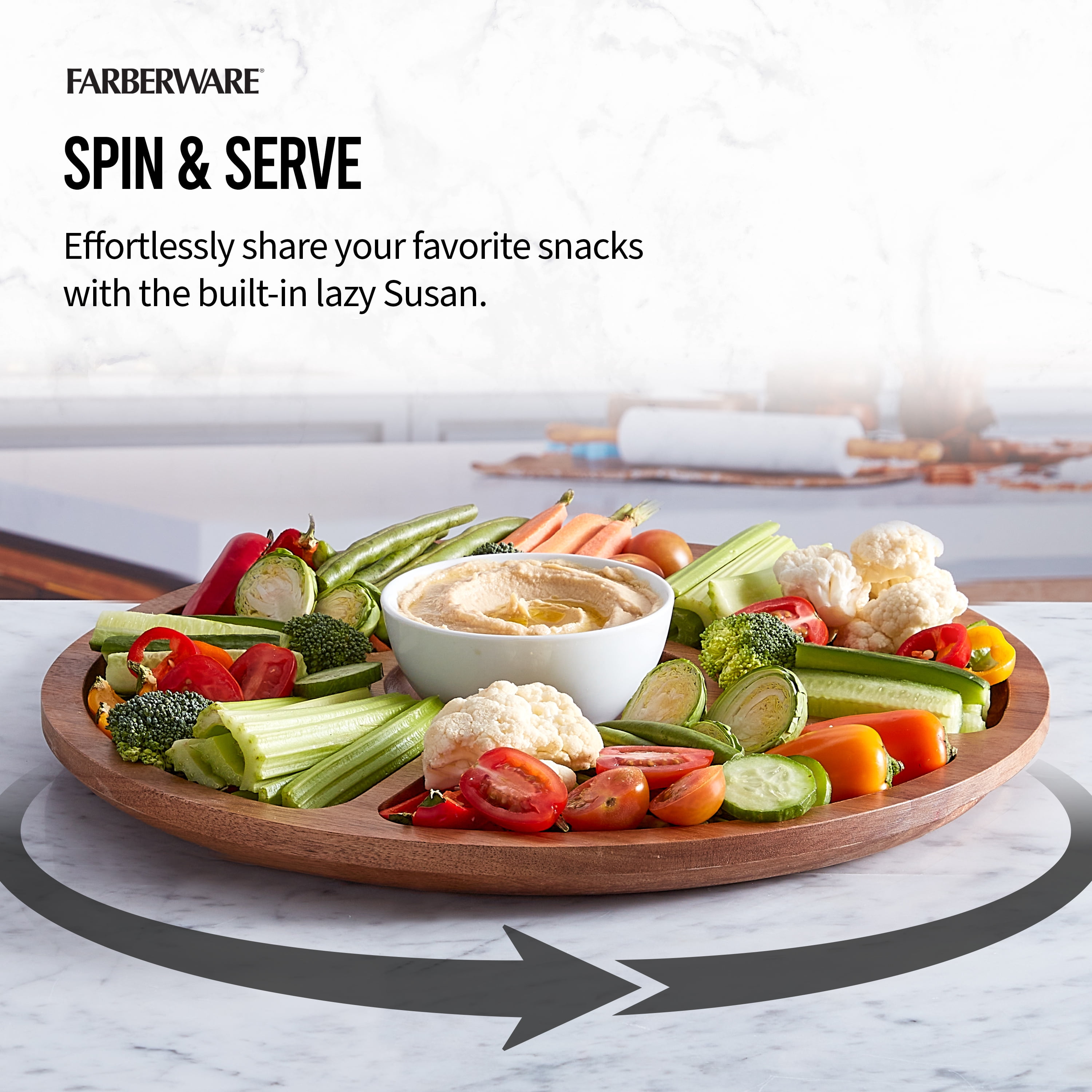 Farberware Build-A-Board 14-Inch Round Acacia Cutting Board with Lazy Susan, 5 Compartments & Locking Lid