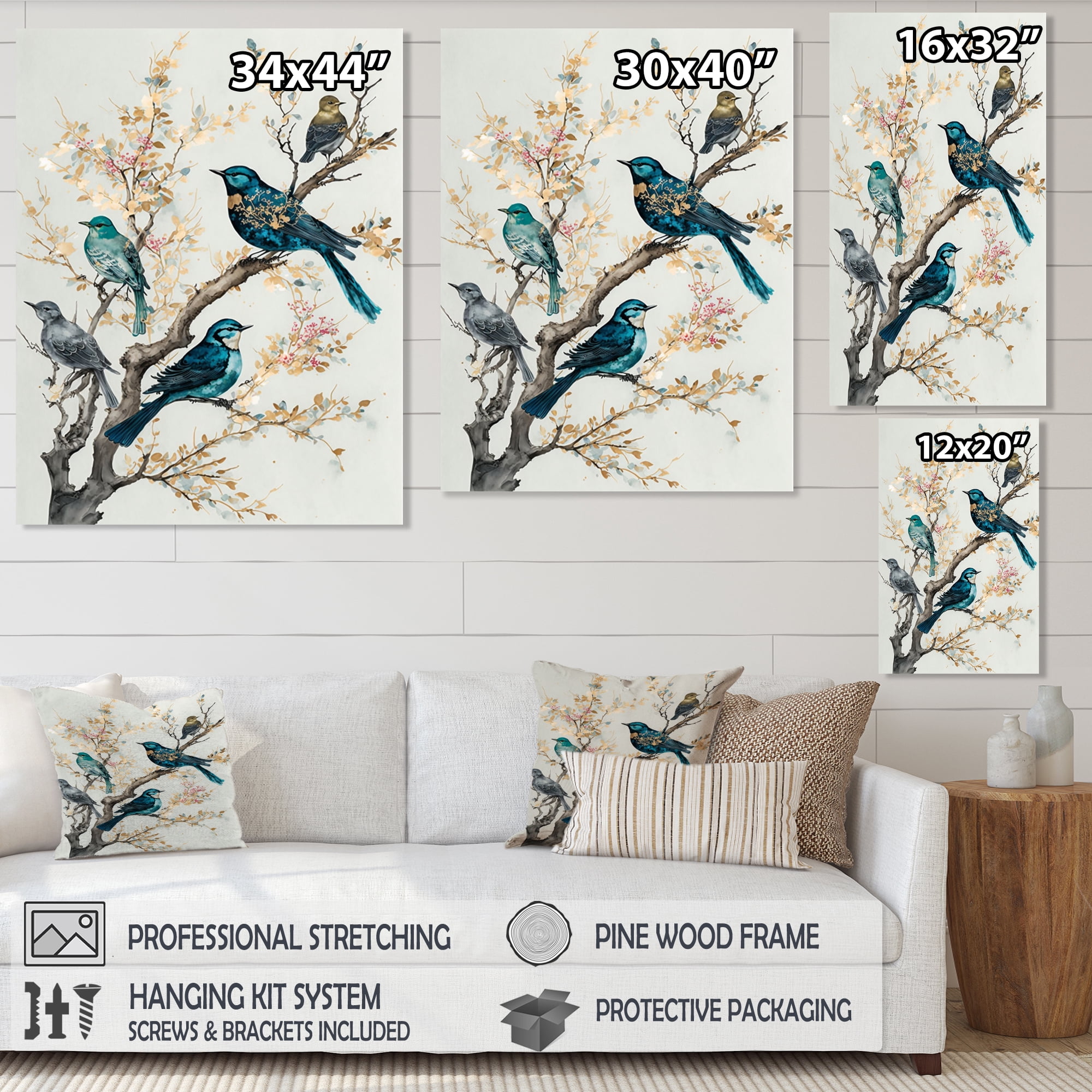 Designart Multicolor Birds On Plum Blossoms Tree IX Canvas Wall Art