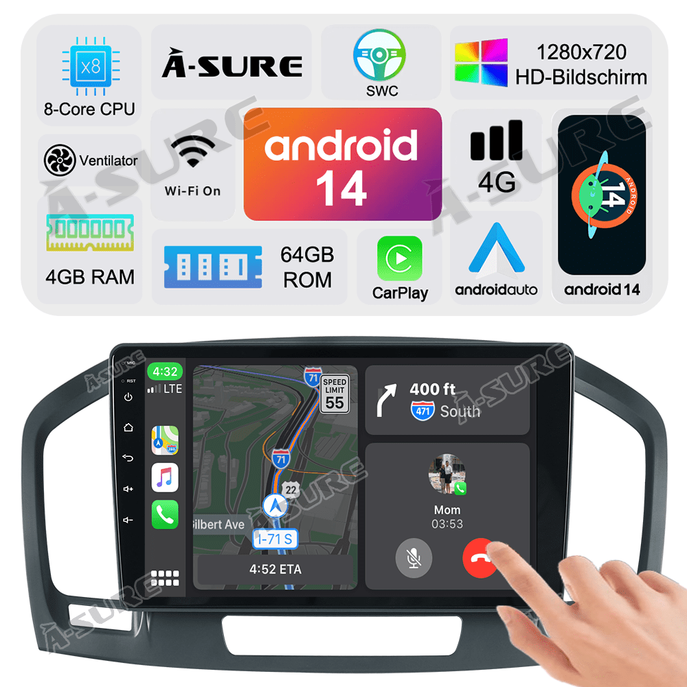 Asure 9" 4+64G Car Stereos For Opel Vauxhall Insignia (2008-2012) with Android Auto and CarPlay Radio/BT 5.0/Navigation