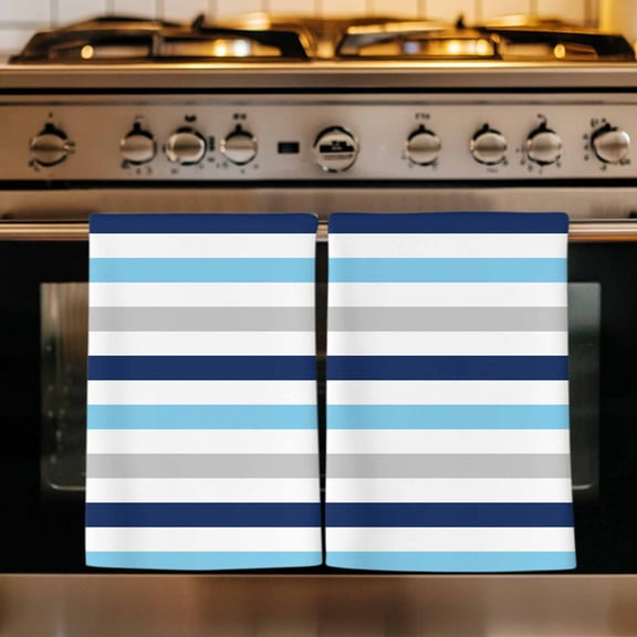 Blue Grey Striped Kitchen Towels Set of 2, Farmhouse Stripes Simple Art Absorbent Dish Towels for Kitchen, Microfiber Hand Towel, Quick Drying Tea Towel for Cleaning Decorative Dishcloths