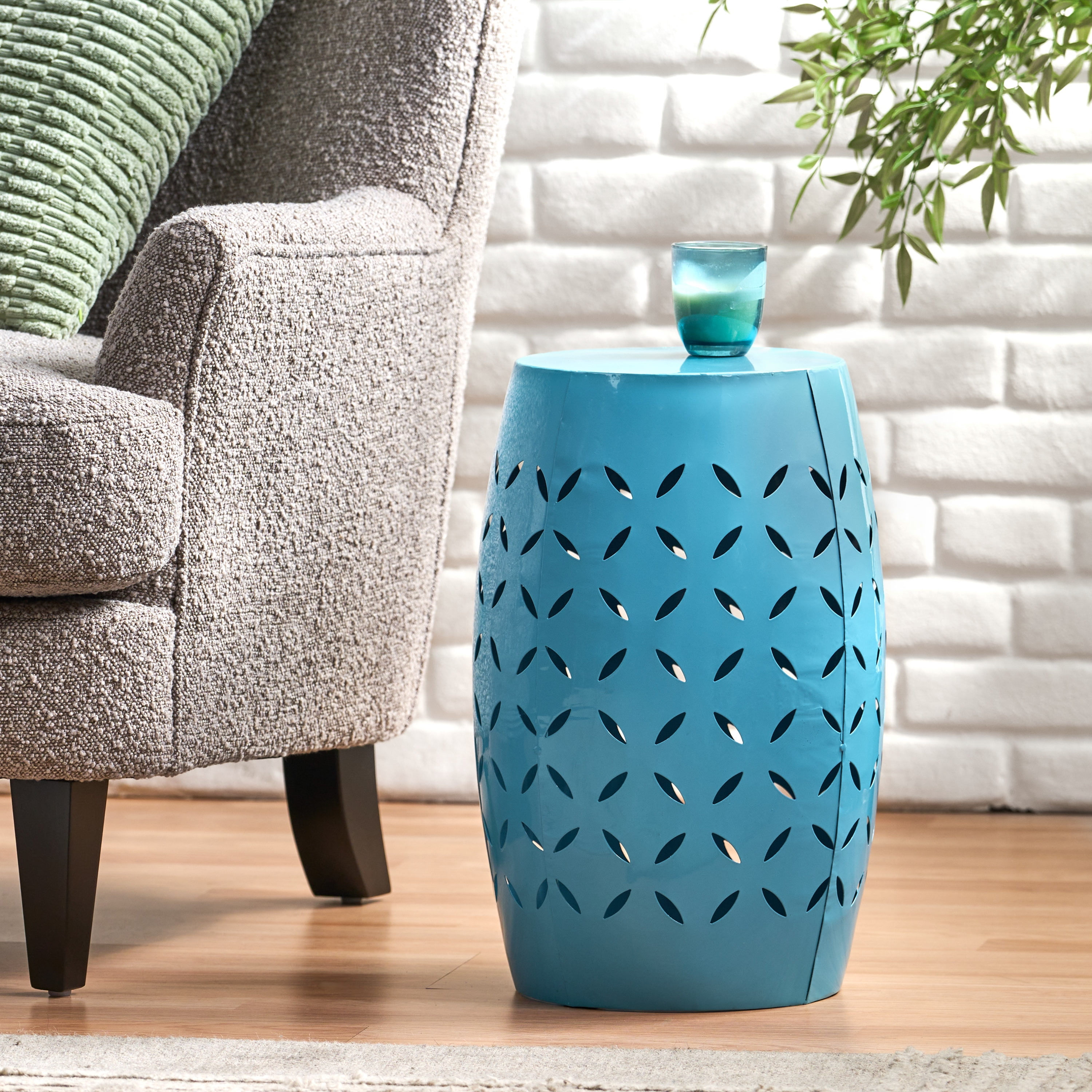 Accent Side Table 12 Inch, Outdoor Cylindrical Design End Table for Patio Balcony, Blue