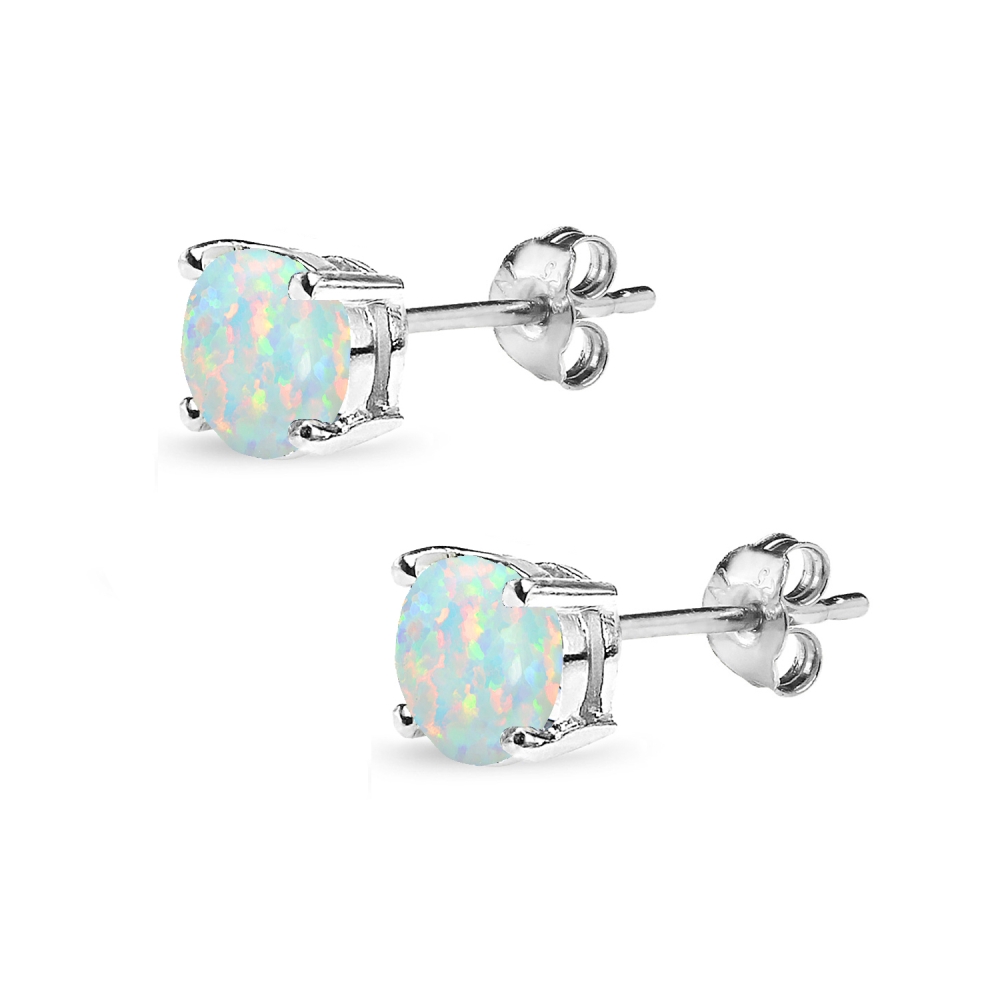 Simulated White Opal 6mm Round-Cut Solitaire Sterling Silver Stud Earrings