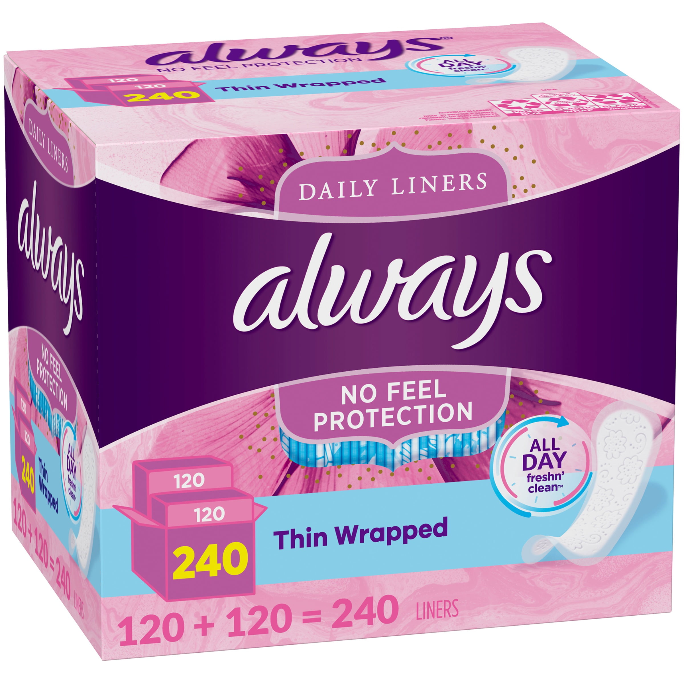 Always Thin Daily Liners Regular Unscented Wrapped, 240 Count Walmart