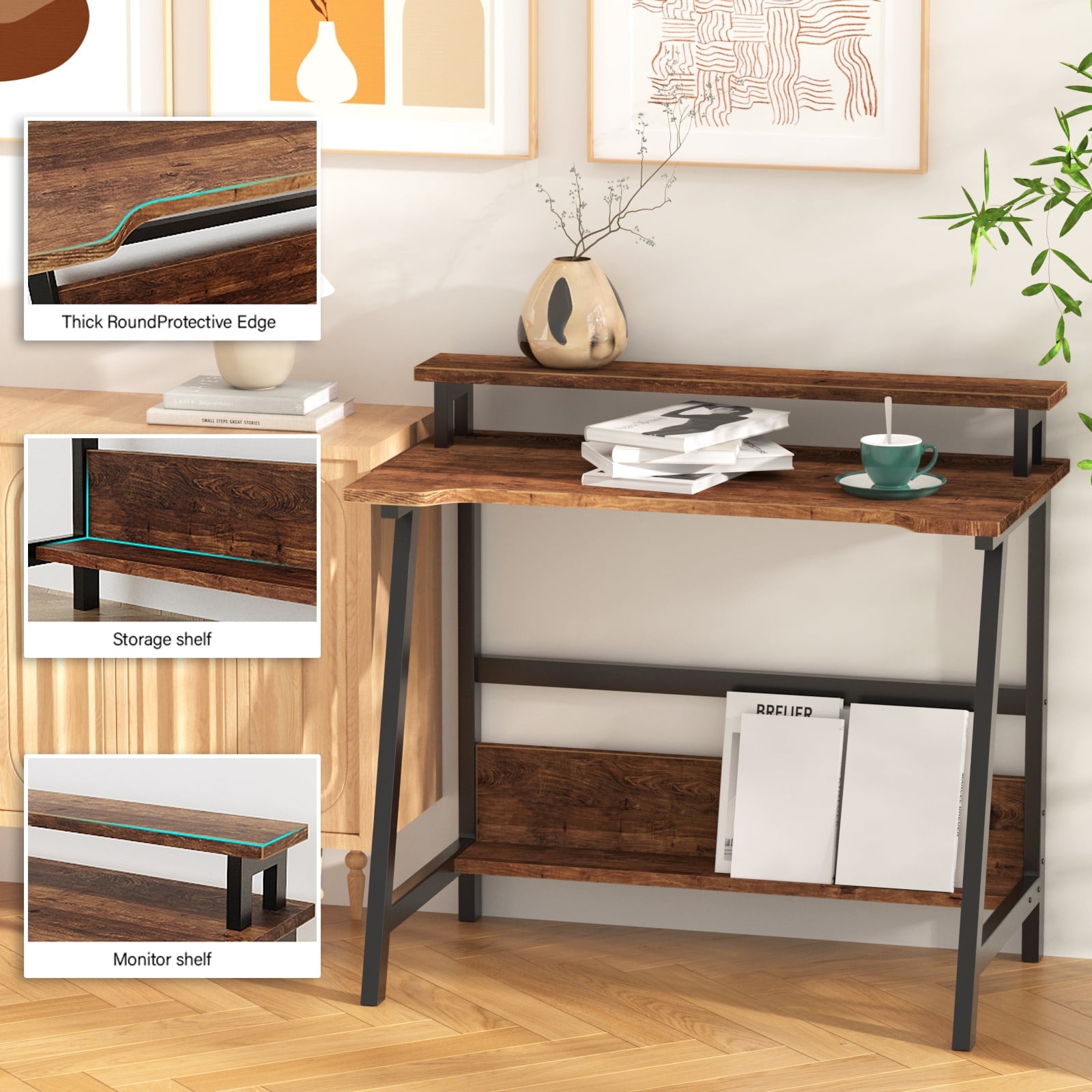 ALISENED Computer Home Office Desk,31.5" Desk for Small Spaces with Storage Shelf,Small Computer Desk with Monitor and Bookshelf,Modern Simple Style Laptop Desk,Retro