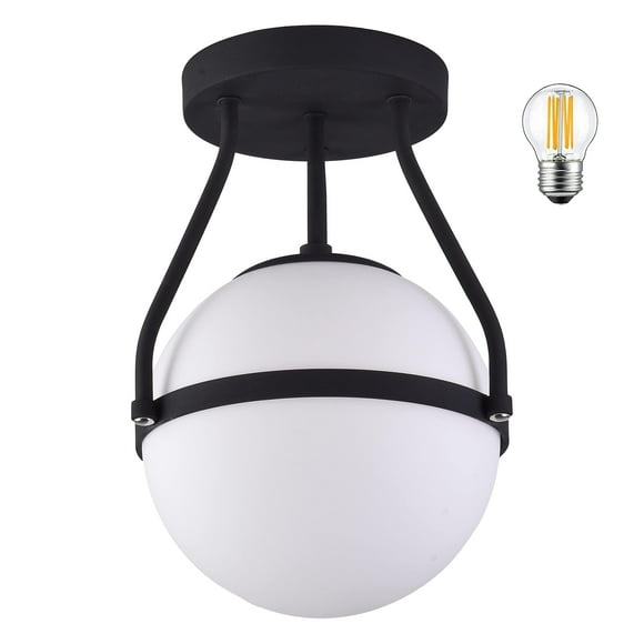Bagood Globe Semi Flush Mount Ceiling Light Mid Century Modern Globe Ceiling Light Fixture with Milk Glass Shade Black Finish for Living Room Hallway Kitchen Island Dining Room Laundry (Bulb Incl.)