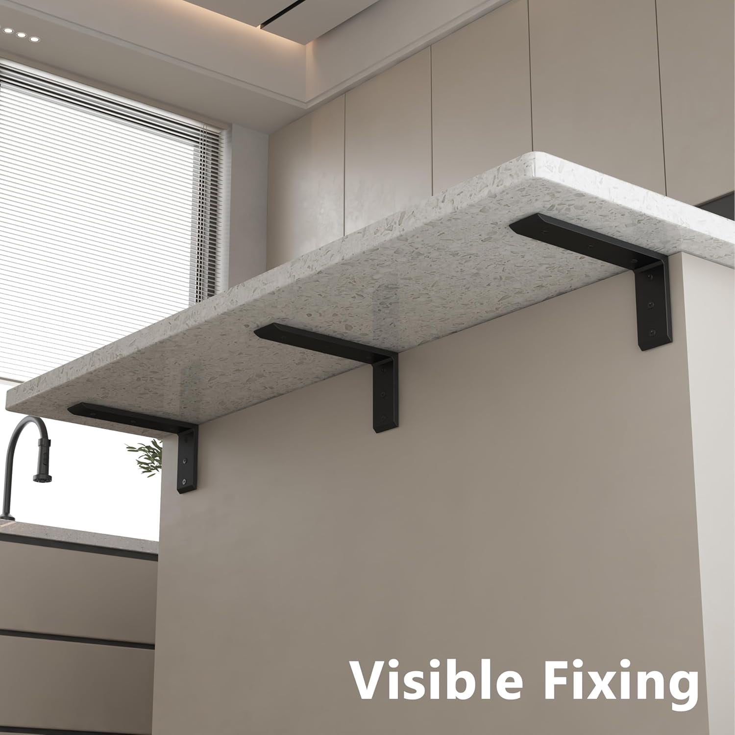 4-Pack 8 Inch Countertop Support Brackets, Heavy Duty L Brackets for Quartz/Wood/Laminate/Granite Countertops | 3/8" Thick Metal Steel | Frosted Black Powder Coated