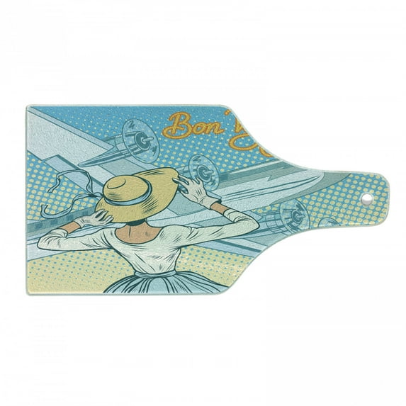 Going Away Party Cutting Board, Vintage Retro Lady Escorts Aircraft Pop Art Style Travel Comic, Decorative Tempered Glass Cutting and Serving Board, Wine Bottle Shape, Pale Blue Yellow, by Ambesonne