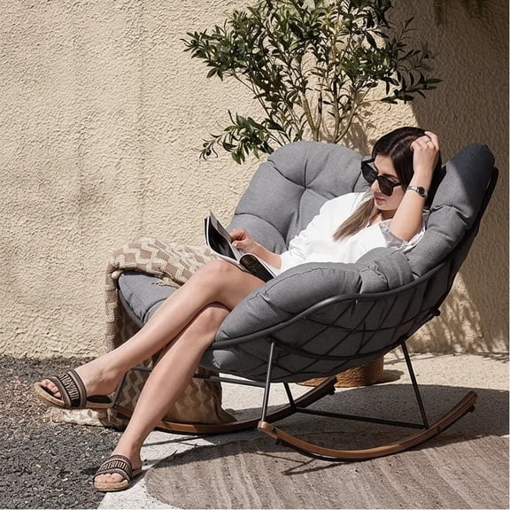 Nygira Outdoor Rocking Chair, Oversized Egg Chair with Thick Cushion for Indoor, Porch, Patio Balcony, Backyard, Garden, Grey