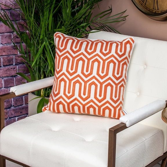 Nassau Collection Geometric Embroidered Cotton Throw Pillow - 20" - Orange and White