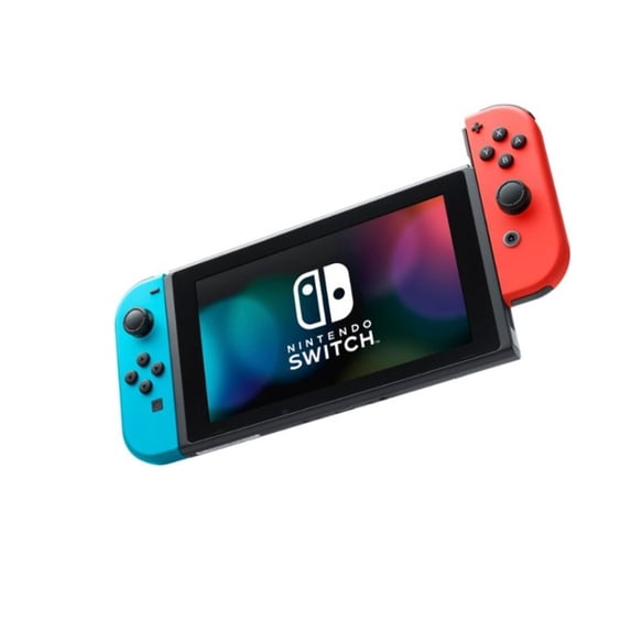 Nintendo Switch console with Neon Blue and Neon Red Joy-Con controllers, pre-owned video game system