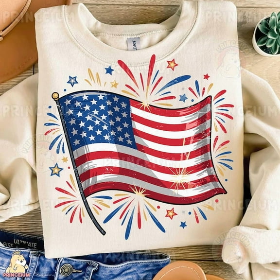 American Flag with Fireworks Sweatshirt, Patriotic USA Sweatshirt, 4th of July Sweatshirt, Independence Day Sweatshirt, Red White Blue Sweatshirt