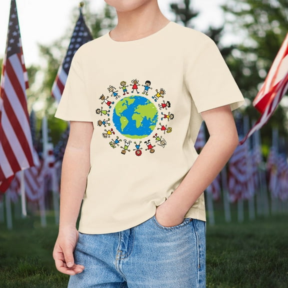 TOOYOU Boys Summer T-Shirt Kids Comfortable Breathable Short Sleeve Tops Children Earth Cartoon Printed Children'S Day Clothing Size 2-3 Years Beige