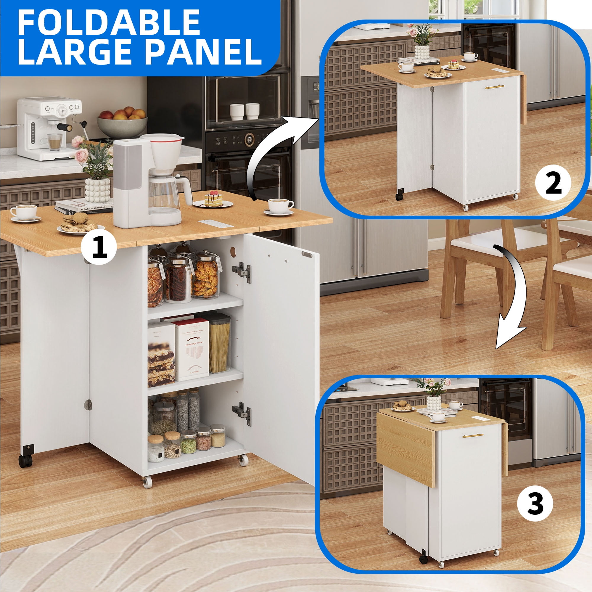Uforic Kitchen Island with Drop Leaf, Kitchen Storage Cart with Power Outlets, Cabinet for 10-Gal Trash Bin, White