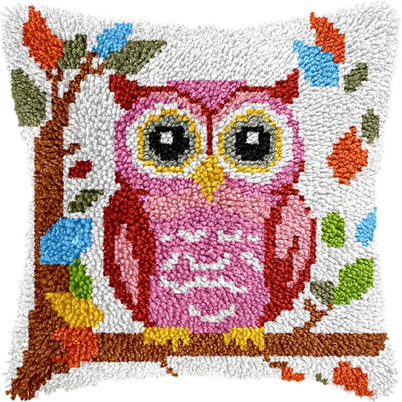 Latch Hook Kits Pillow Owl On A Branch 17X17 In Printed Canvas Cushion Crochet Yarn Needlework Hook Latch Diy Kit Embroidery Pillowcase Rug Cover Home Sofa Christmas Decoration