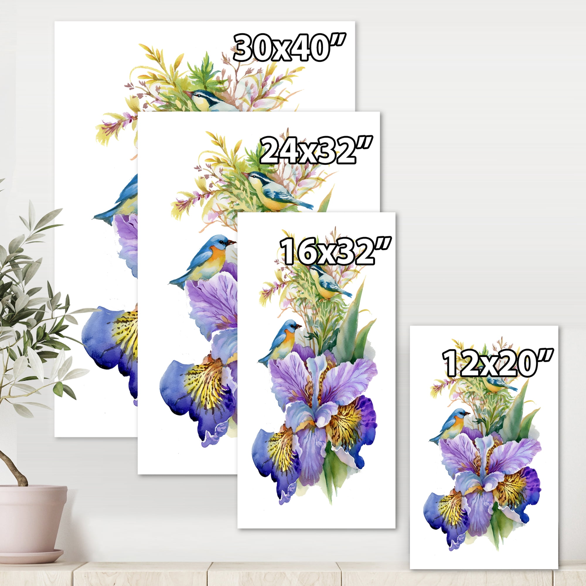 Designart ' Birds With Purple Iris ' Traditional Canvas Wall Art Print
