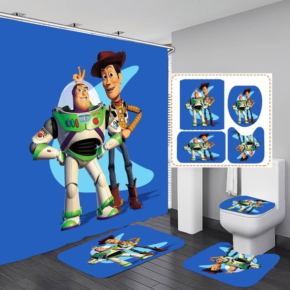 Woody Buzz Shower Curtain Bathroom 4 Pieces Set Toilet Lid Cover and Bath Mat, Non-Slip Rugs Durable and Waterproof, for Bathroom Decor Set, 72" x 72"
