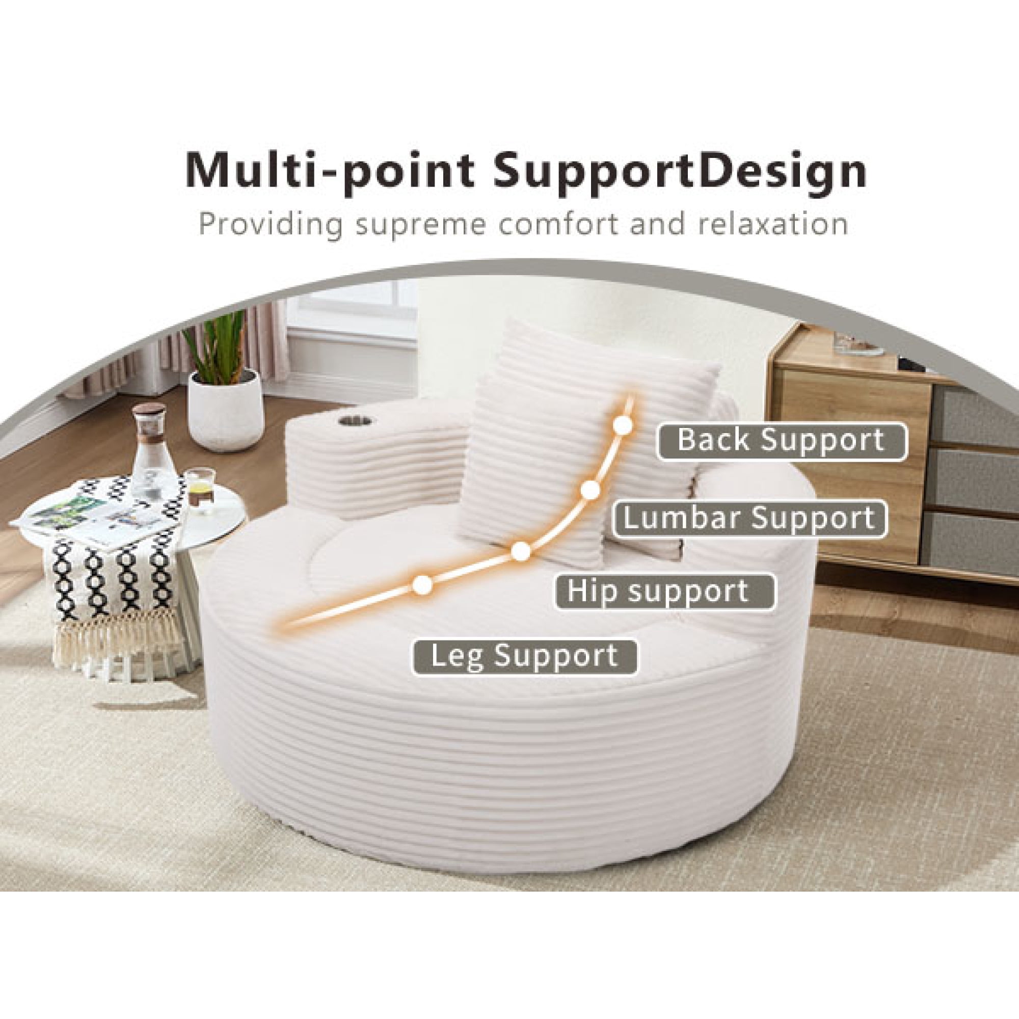 Leumius Oversized Round Chaise Lounge Sofa,Upholstered Lounge Chair with 2 Pillows and Cupholders,Boneless Sofa Couch with Memory Foam,Deep Seat Sleeper Chair for Living Room,No Assembly,White